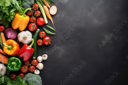 Colorful vegetables on dark stone table, view from above. Free space for a text. Generative AI
