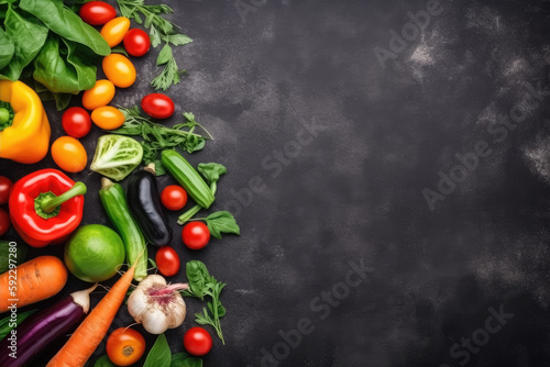 Colorful vegetables on dark stone table, flat lay. Free space for a text. Generative AI