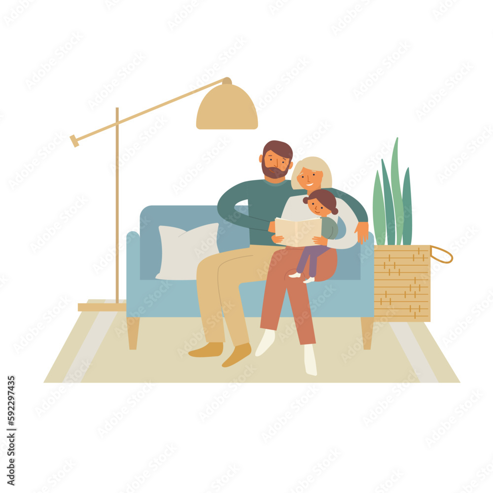 Mother father and little daughter have fun and read book sitting on the sofa. Family spending time at home together. Flat vector illustration Mother father and little daughter have fun and read book sitting on the sofa. Family spending time at home together. Flat vector illustration