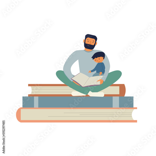 Dad and son read book sitting on stack of books. Father and his child spend time together. Flat vector illustration