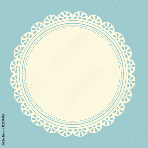 Decorative White lace Doilies. Openwork round frame on a pink background. Vintage Paper Cutout Design. Vector illustration