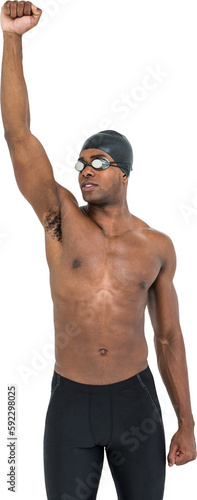 Swimmer posing after victory