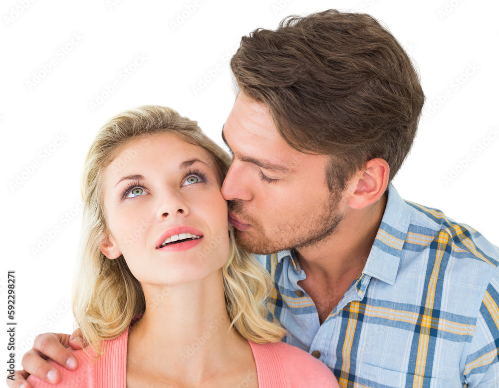 Handsome man kissing girlfriend on cheek Handsome man kissing girlfriend on cheek