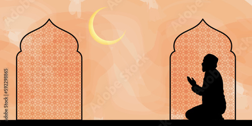 Silhouette of muslim man having worship and praying for fasting and Eid of Islam culture in mosque.
