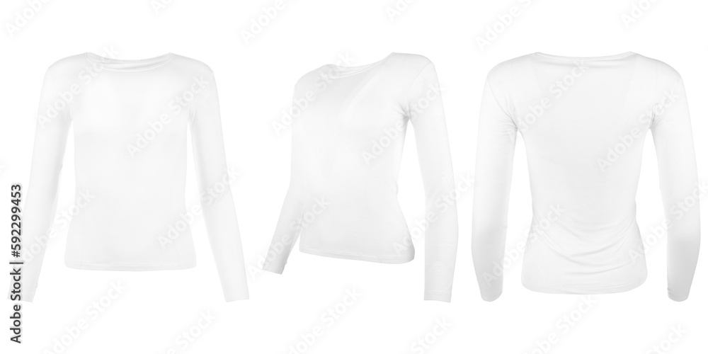 Image of a lady's full sleeves t-shirt on a white background in three angles Image of a lady's full sleeves t-shirt on a white background in three angles