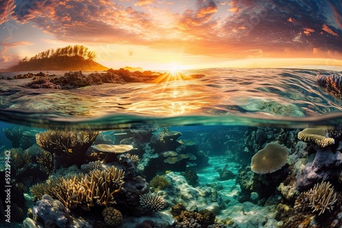 A Spectacular Underwater Paradise: Colourful Coral Reefs at Sunset: Generative AI