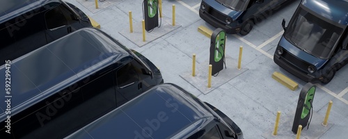 Overhead high angle shot of fleet modern electric EV delivery vans standing in company parking garage near charging stations. Realistic 3d rendering