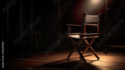 The director's chair stands in a beam of light with an backlight in dark room. Free chair. Concept of selection and casting. Shadow and light. 