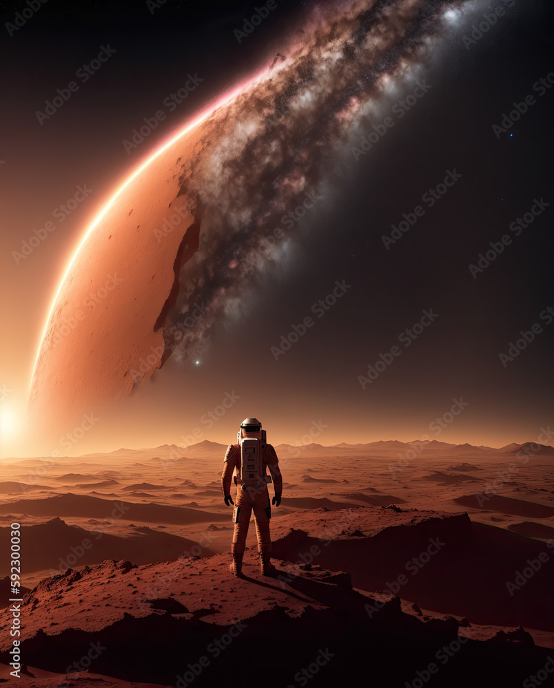 A Stunning CGI Render of an Astronaut Standing on Mars, Gazing at the Moon and the Stars in the Milky Way Reflected on a Lake, Perfect for Inspiring Adventure and Discovery in the Future of Space Trav
