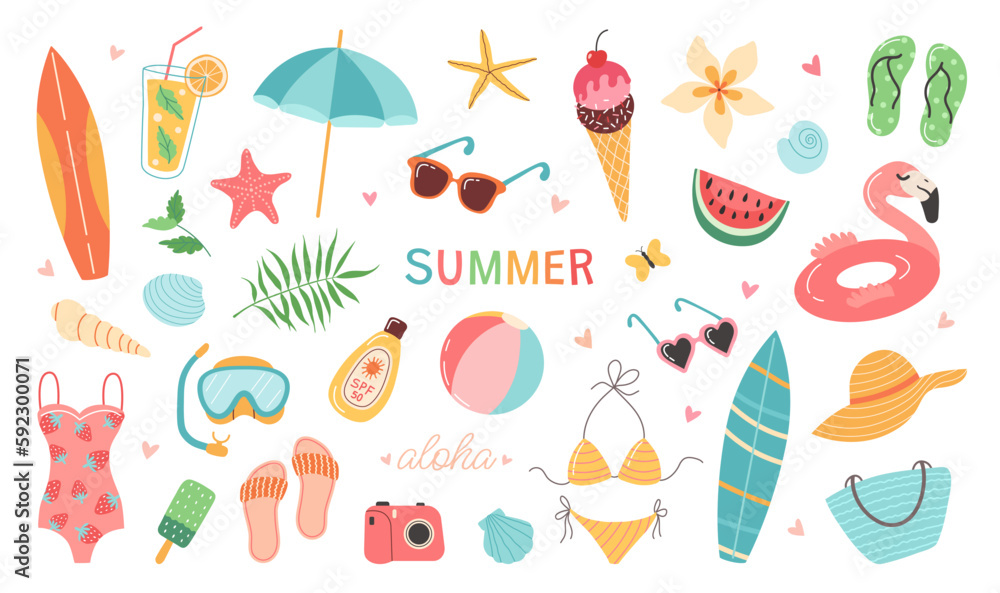 Set of summer stickers. Icons for tropical vacation. Seasonal elements collection. Flamingos; ice cream; pineapple; tropic leaves; cocktails; plumeria; watermelon; surfboard; beach accessories. - obrazy, fototapety, plakaty 