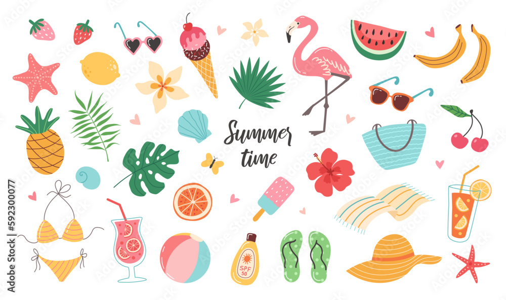 Set of summer stickers. Icons for tropical vacation. Seasonal elements collection. Flamingos, ice cream, pineapple, tropic leaves, cocktails, plumeria, watermelon, beach accessories. - obrazy, fototapety, plakaty 