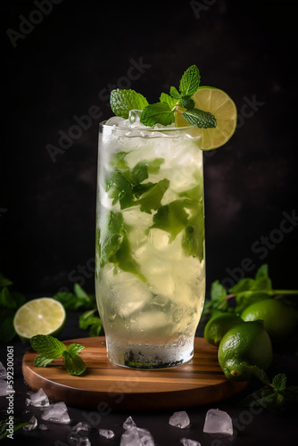 A glass of mojito cocktail with mint and lime