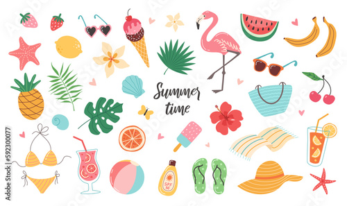 Set of summer stickers. Icons for tropical vacation. Seasonal elements collection. Flamingos, ice cream, pineapple, tropic leaves, cocktails, plumeria, watermelon, beach accessories.