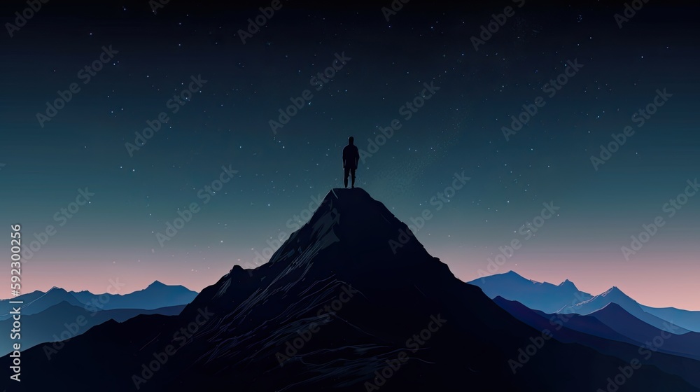 Standing in Awe of Nature's Majesty: A Man on a Mountain Peak Under a Star-Filled Night Sky, Generative AI