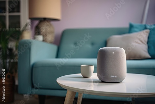 Smart Speaker Taking Home Control to the Next Level in a Cozy Living Room  Generative AI