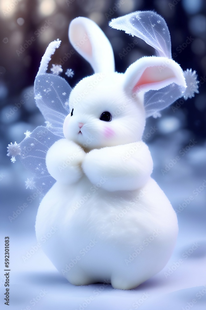 A regretful winter, Drifting snow, Super cute white fairy bunny - generative ai