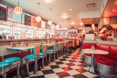 fast food restaurant with retro theme, including vintage signs and decor, created with generative ai