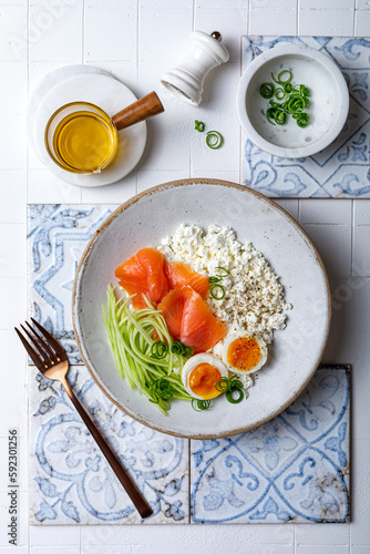 Cottage cheese with smoked salmon, cucumber, soft boiled egg and fresh chives. Savory hight protein breakfast bowl.