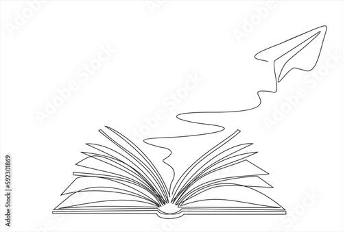 Continuous one line drawing of open book with flying paper plane. Vector illustration on white background.