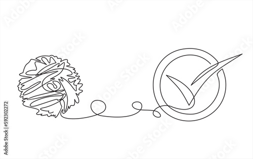 Chaos and Badge YES, abstract minimalist concept vector illustration. Metaphor of disorganized difficult problem found solution, mess with single continuous tangle thread in need of unraveling.