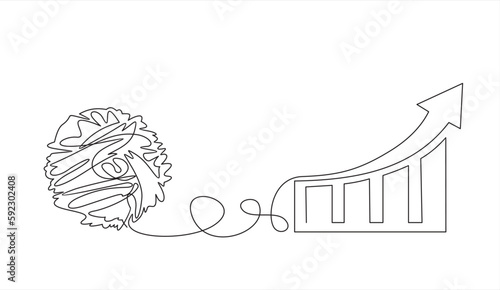 Single one line drawing of Chaos and increasing up arrows bar graph, abstract minimalist concept vector illustration. Metaphor of disorganized difficult problem found solution