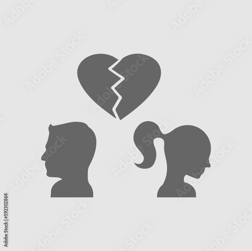 Couple broken heart vector icon. Man and woman break up symbol. Silhouette symbol.