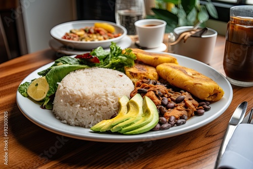 delicious plate of colombian food, with rice, beans, and plantains, created with generative ai photo