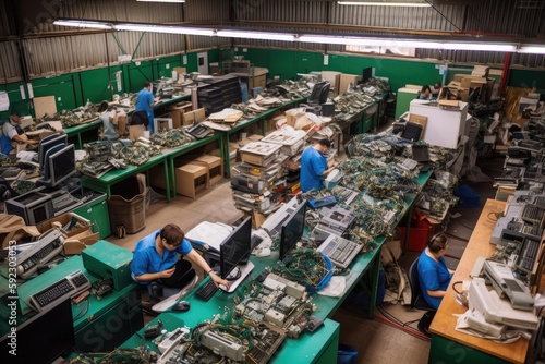 e-waste recycling facility, with employees sorting through piles of old electronics, created with generative ai photo