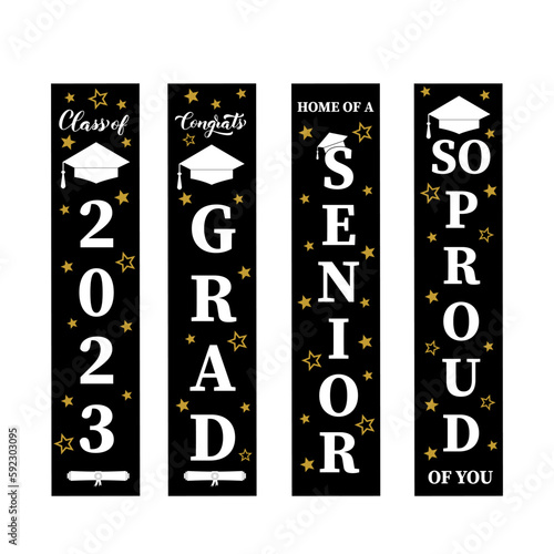 Graduation vertical signs. Graduates class of 2023. Grad party decorations. Vector template.