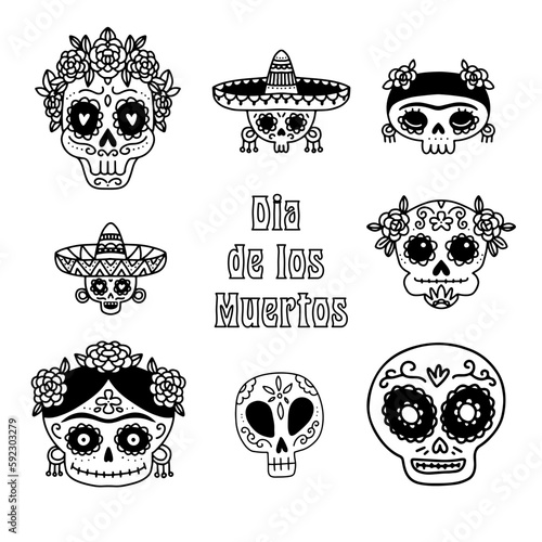 Mexican sugar skull set, Dia de los Muertos icons collection in doodle style. Skulls with flowers and sombrero. Black and white hand drawn vector illustration.