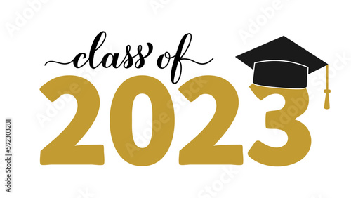 Class of 2023 lettering with graduation hat isolated on white. Congratulations to graduates typography poster.  Vector template for greeting card, sticker, banner, label, shirt, etc