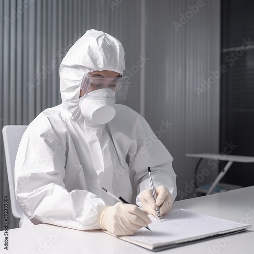 Worker is outfitted in a medical protective suit or a white coverall suit with a test tube, generative AI  photo
