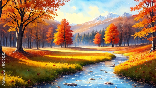Autumn landscape, digital watercolor painting, Generative AI © progressman