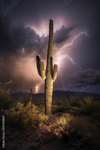 Frightful Fury: A Lightning Strike in the Desert Behind a Saguaro Cactus, Generative AI