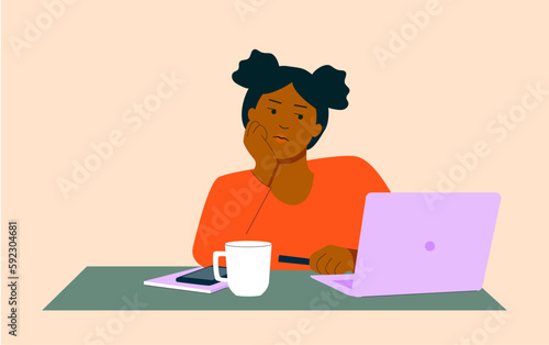 African young woman is frustrated, tired, and bored at work or online education. Girl leaning on her arm, sitting on her desk at her laptop. Vector illustration