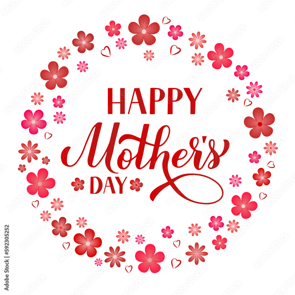 Happy Mothers Day calligraphy lettering on white background with spring flowers. Mothers Day typography poster. Vector template for banner, greeting cards, etc