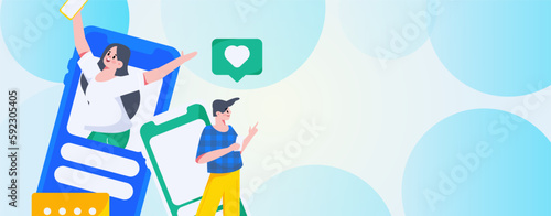 Virtual characters social communication concept business flat vector hand drawn illustration

