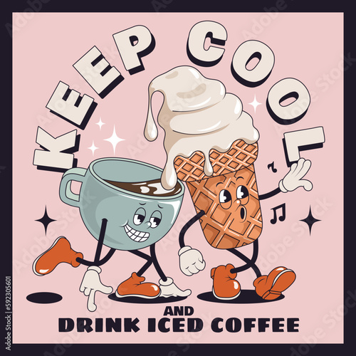Retro poster with mascot cup of  drink, iced coffee, in trendy vintage cartoon style. Coffee character with ice cream in 60s, 70s old style. Vintage comic cafe mascots. Retro vector illustration.