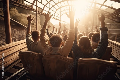 Thrilling emotions at the rollercoaster with young people raising their arms, generative ai