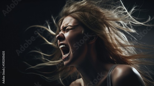 Woman in agony screaming aggressively. Mental health awareness month poster generative ai