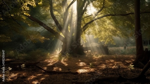 Old beautiful forest with sunlight filtering through the dense vegetation  generative ai