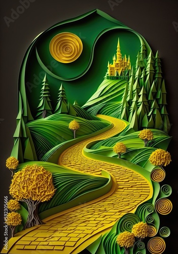 green and yellow fairytale landscape with road to a castle, generative ai