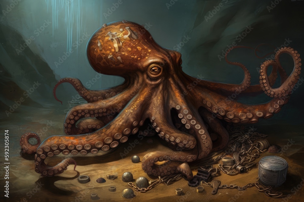 pensive octopus kraken with its tentacles wrapped around a sunken ...