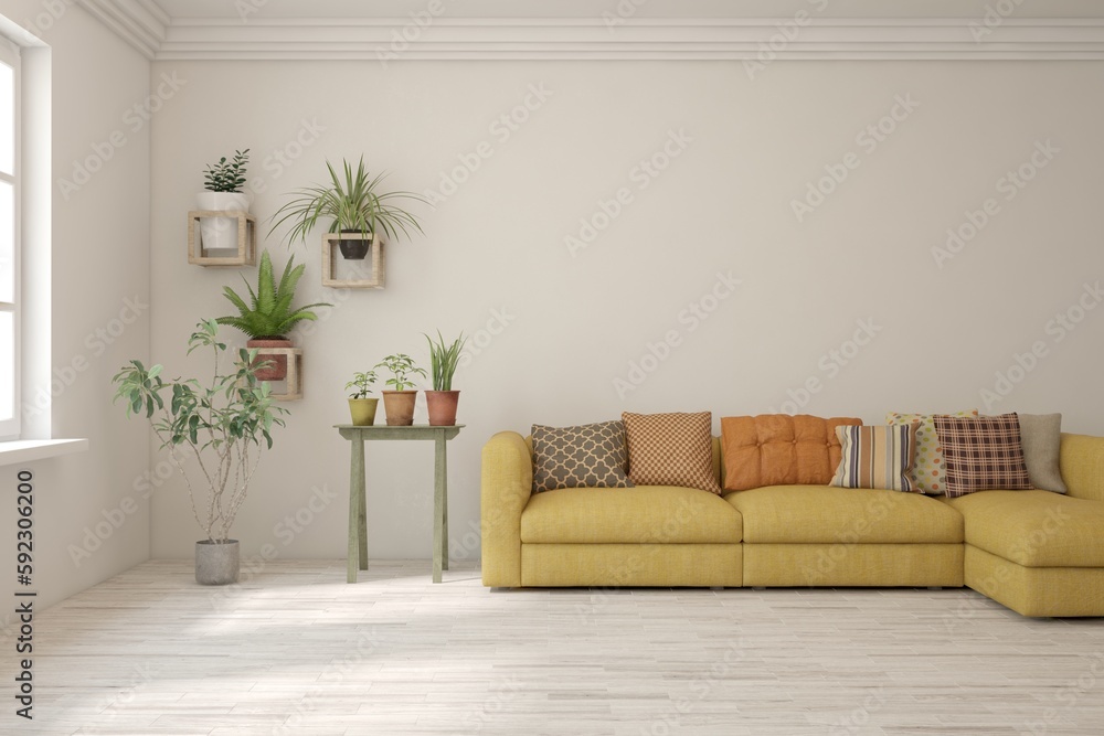 Naklejka premium White living room with sofa. Scandinavian interior design. 3D illustration
