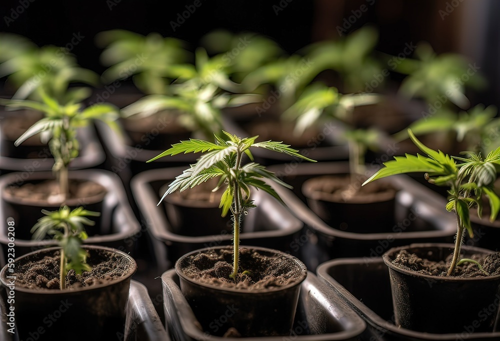 Marijuana seedling, weedplant, cbd, thc, canabis, on black, generative ai Marijuana seedling, weedplant, cbd, thc, canabis, on black, generative ai