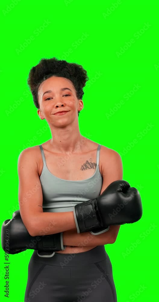 Face smile, boxing and woman on green screen in studio isolated on a background. Portrait, boxer and sports athlete training for competition, challenge or fight, workout and exercise for fitness. Face smile, boxing and woman on green screen in studio isolated on a background. Portrait, boxer and sports athlete training for competition, challenge or fight, workout and exercise for fitness.