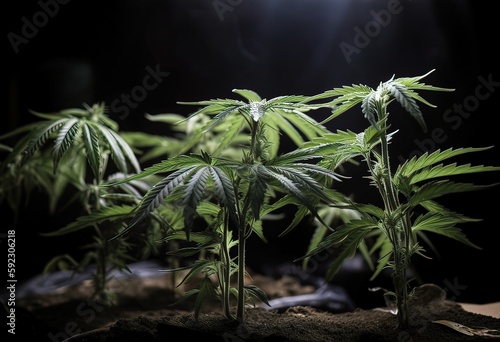 Marijuana seedling, weedplant, cbd, thc, canabis, on black, generative ai photo