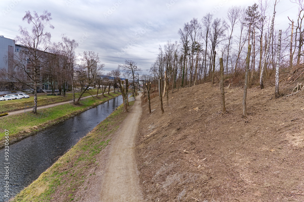 Renaturation of Glatt River with cut trees at City of Zürich district Schwamendingen on a cloudy winter day. Photo taken February 17th, 2023, Zurich, Switzerland.