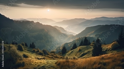 The Awakening Beauty of Morning  Enchanting Landscape of Mountains  Trees  and Sky. Generative AI