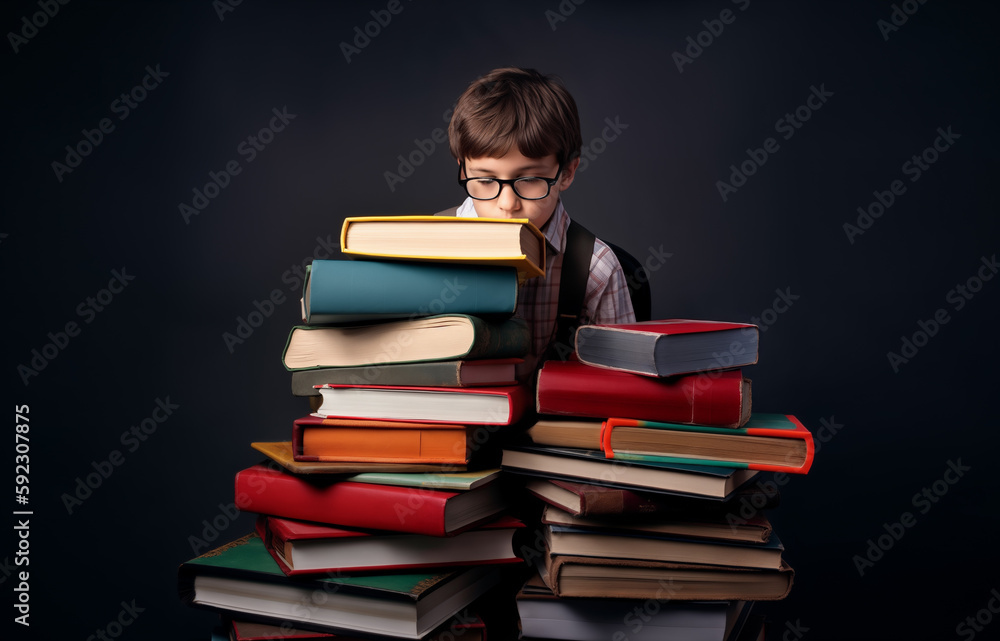 Smart school boy with a lot of books ready for school. Back to school. Generative ai Smart school boy with a lot of books ready for school. Back to school. Generative ai